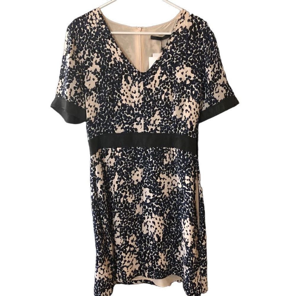 Jenni Kayne Dress Womens 8 Leather-Trim Dot Print Silk Short Sleeve Whimsigoth